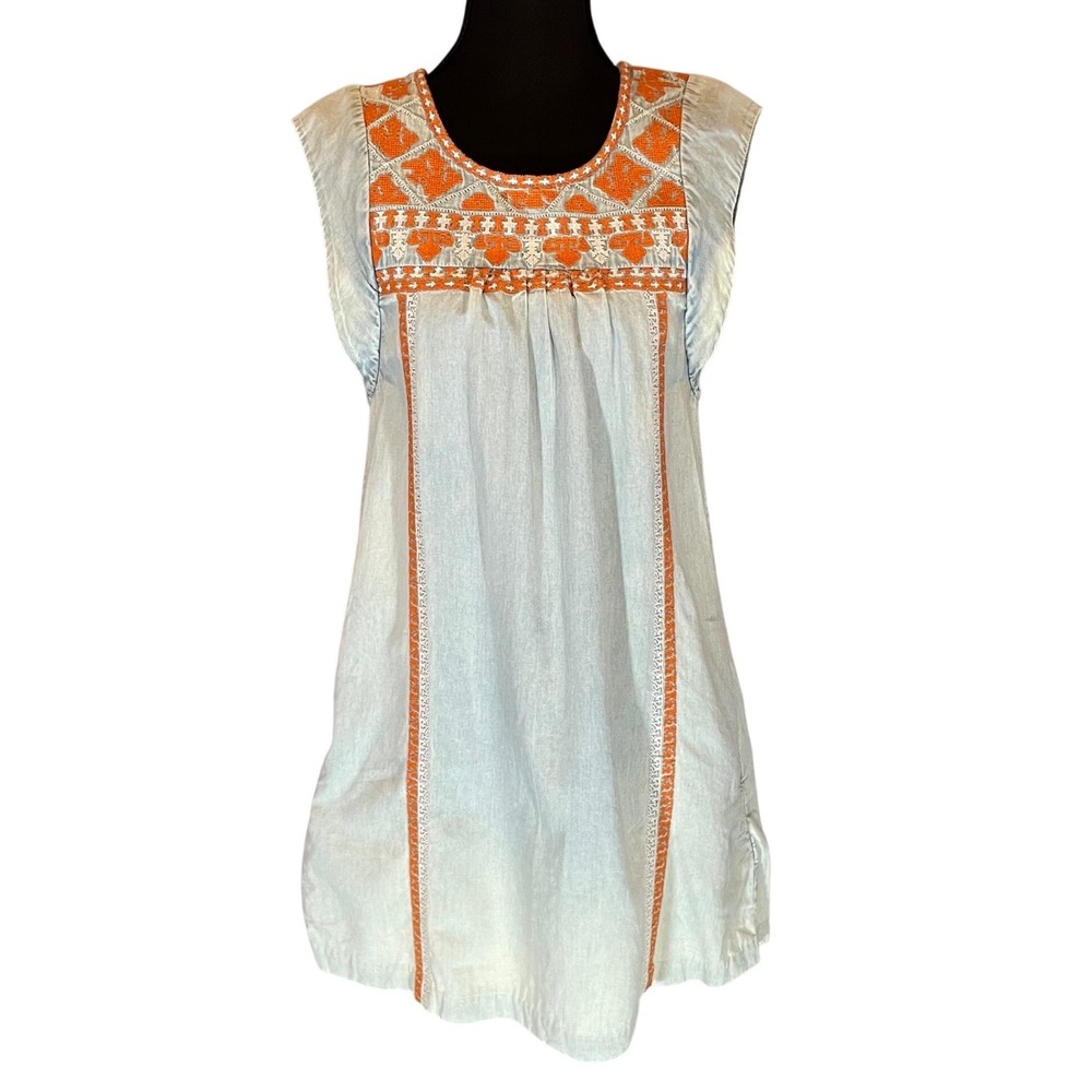 Boho Coastal Faherty Womens Blue Denim Cotton Embroidered Tunic Mini Dress Sm